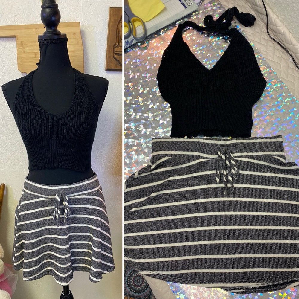 Striped Mini Skirt + Black Knit Halter Top Outfit SHEIN Full Tilt XS/S Outfit